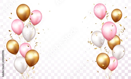 Celebration banner with gold confetti and balloons photo