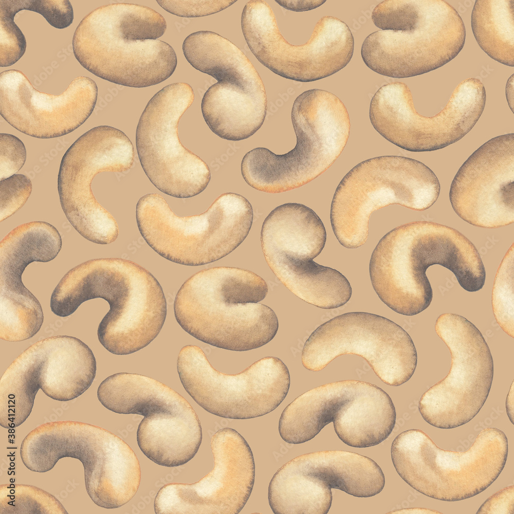 Watercolor repeated seamless pattern of cashew nuts.