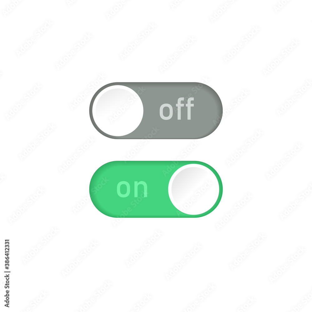 Realistic Turn on and turn off swipe buttons isolated on white background. Switch symbol with shadows. Toggle icon template. Vector flat design illustration for apps and games. Realistic Turn on and turn off swipe buttons isolated on white background. Switch symbol with shadows. Toggle icon template. Vector flat design illustration for apps and games.