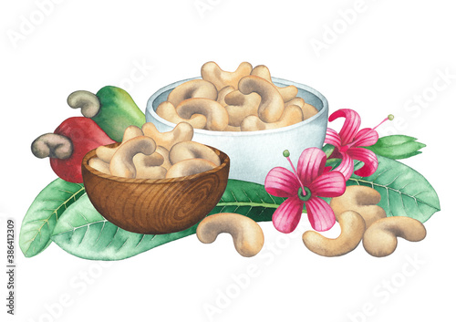 Watercolor bowls of cashew nuts decorated with fruits, flowers and leaves.