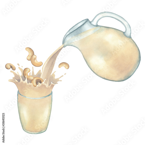 Watercolor plant based milk pouring out from the glass jug into the cup with a splash of cashew nuts