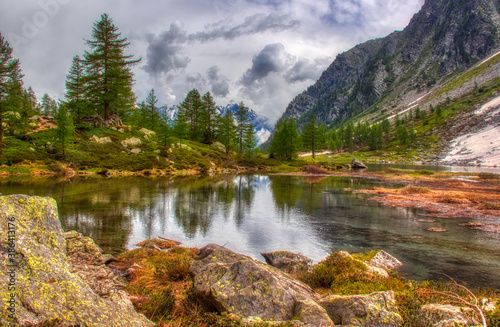 Lake Arpy 2066m. Alps, Italy. Valle d'Aosta Region. HDR.