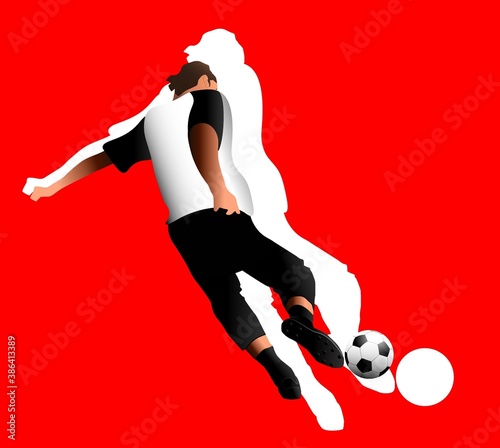 Vector realistic soccer player kicks the ball on red background