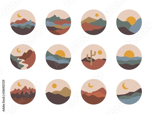 Abstract landscapes set. Contemporary nature shapes for social media highlight covers, boho mountains. Vector art illustration