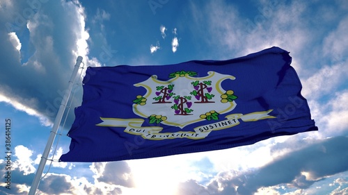 Connecticut flag on a flagpole waving in the wind in the sky. State of Connecticut in The United States of America. 3d rendering