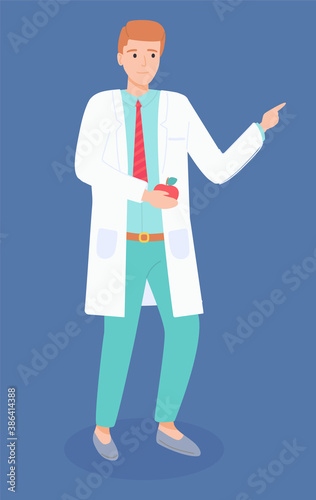 Standing and pointing medical specialist, male doctor, male gastroenterologist with apple. Medicine worker. Medical clothes, uniforms and equipment. Vector flat illustration isolated on white