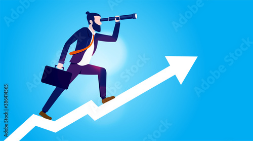 Businessman using telescope looking for opportunities and standing on rising graph. Business vision and success concept. Vector illustration.
