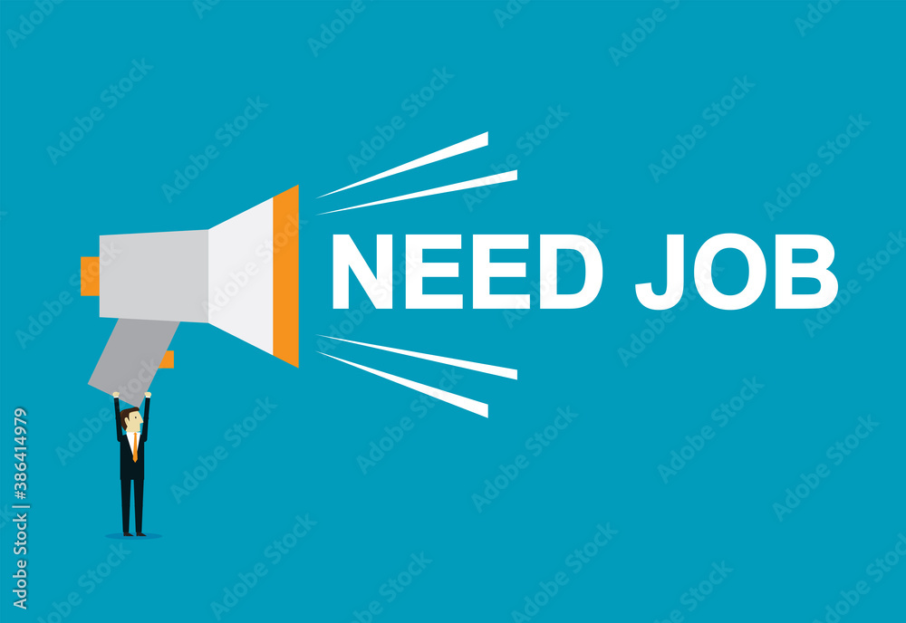 Businessman holding a big megaphone with need job wording Businessman holding a big megaphone with need job wording