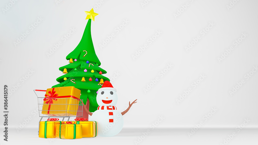 3D illustration rendering. The snow man and the golden gift boxes isolate on white scene. Christmas background with snowman and gift boxes. Sweet snow man wearing scarf red.