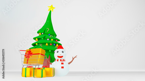 3D illustration rendering. The snow man and the golden gift boxes isolate on white scene. Christmas background with snowman and gift boxes. Sweet snow man wearing scarf red.