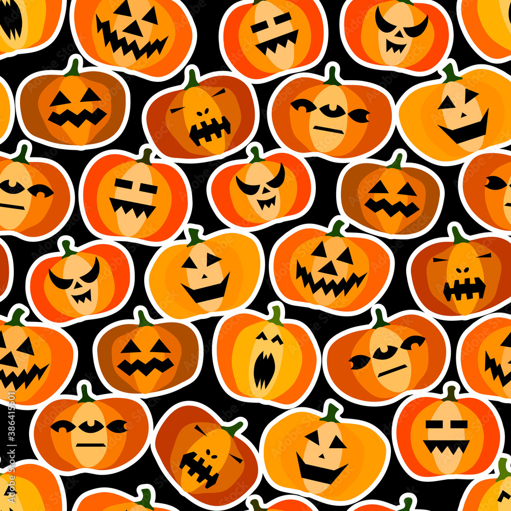 Seamless halloween scary orange pumpkins pattern. Funny, creepy, smiling face on black backgrounds. Autumn characters stickers. Happy Halloween symbol. Spooky vector trick or treat party illustration Seamless halloween scary orange pumpkins pattern. Funny, creepy, smiling face on black backgrounds. Autumn characters stickers. Happy Halloween symbol. Spooky vector trick or treat party illustration