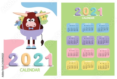 bull  white bull calendar or A4 planner for 2021 with cartoon ox  bull or cow  new year symbol  cute characters - cover and 12 monthly pages. Week starts on SUNDAY  printable template