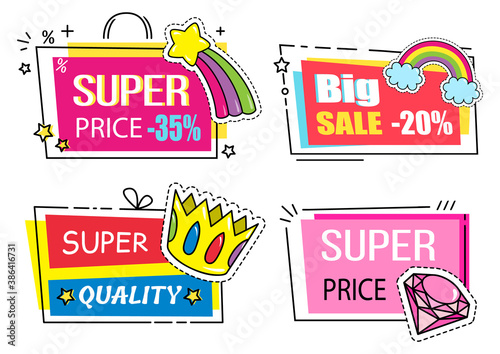 Set of big sale banners. Discount poster template. Big sale special offer. End of season special proposition banner vector flat style. Super sale best price and super quality advertising poster