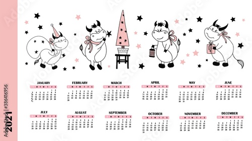 April May June. calendar pages for 2021. year of the ox or calf. bull character. illustration
