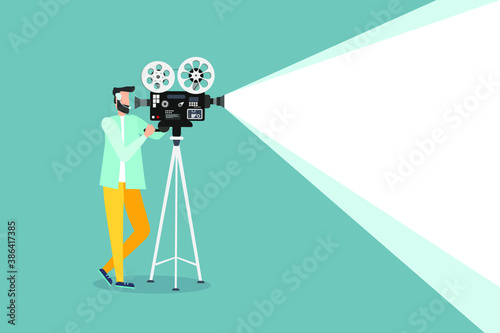 Movie time concept. Template for movie poster, banner, man shows a movie. Movie projector illustration