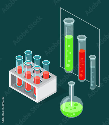 Test tubes icon on a special stand. Test-tube flasks with substances for researchers. Blood test tubes, laboratory analysis of the test material. Chemical lab science test, medical research laboratory