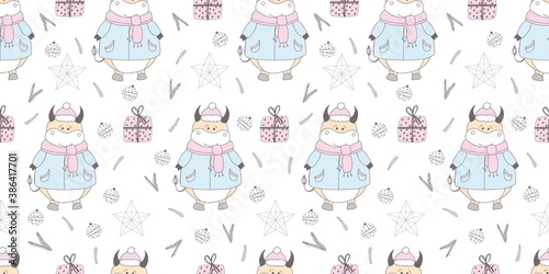 Wallpaper Mural New Year pattern with a bull. Ox symbol of 2021. Funny ox illustration. Wrapping paper, christmas textile design.. Torontodigital.ca