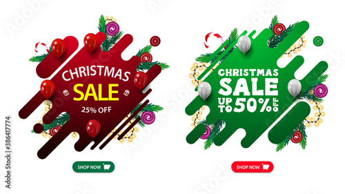 Set of Christmas discounts web pop-up banners with abstract fluid shapes decorated with Christmas tree branches, candy and garland. Red and green Christmas pop-ups