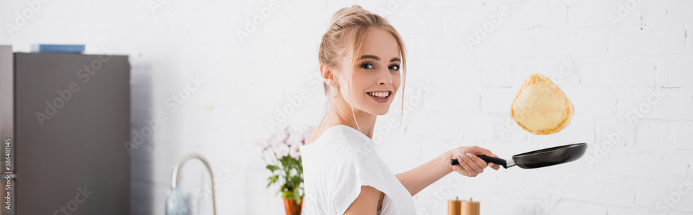 website header of young blonde woman preparing pancakes for breakfast