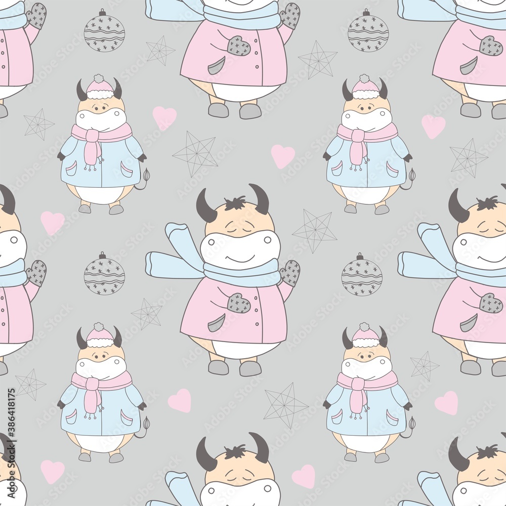 New Year pattern with a bull. Ox symbol of 2021. Funny ox illustration. Wrapping paper, christmas textile design.. New Year pattern with a bull. Ox symbol of 2021. Funny ox illustration. Wrapping paper, christmas textile design..