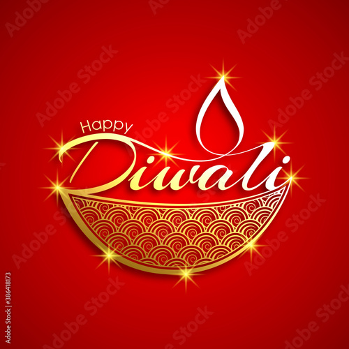 Happy Diwali greeting card with intricate calligraphy and illuminated Diwali lamp.