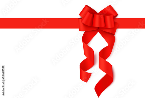 Decorative red fancy bow with long swirl ribbons isolated on white background. Vector illustration.