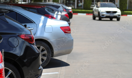 Closeup of rear, back side of black car with  other cars parking in parking lot in bright sunny day.  © Amphon