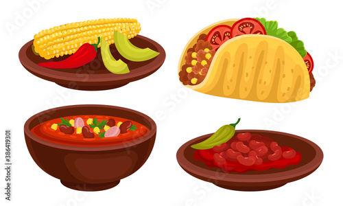 Mexican Dish with Burrito and Stewed Beans Vector Set