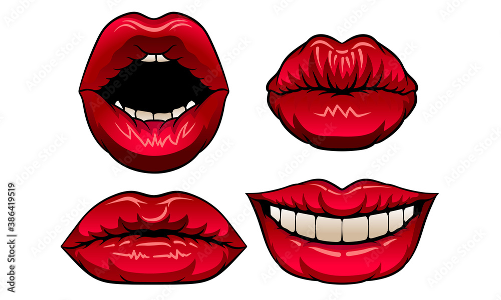 Red Upper and Lower Lips Closed and Showing Teeth in Smile Vector Set Red Upper and Lower Lips Closed and Showing Teeth in Smile Vector Set