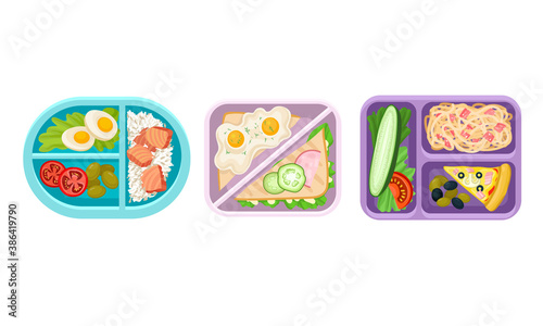 Plastic Lunch Boxes or Trays with Food in Different Sections Vector Set