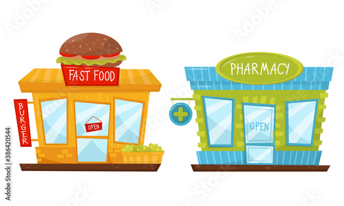 Shop Window or Store Front with Fast Food and Pharmacy Sign Vector Set