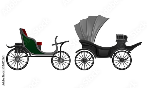 Carriage and Coach as Private Four-wheeled Vehicle Vector Set © Happypictures