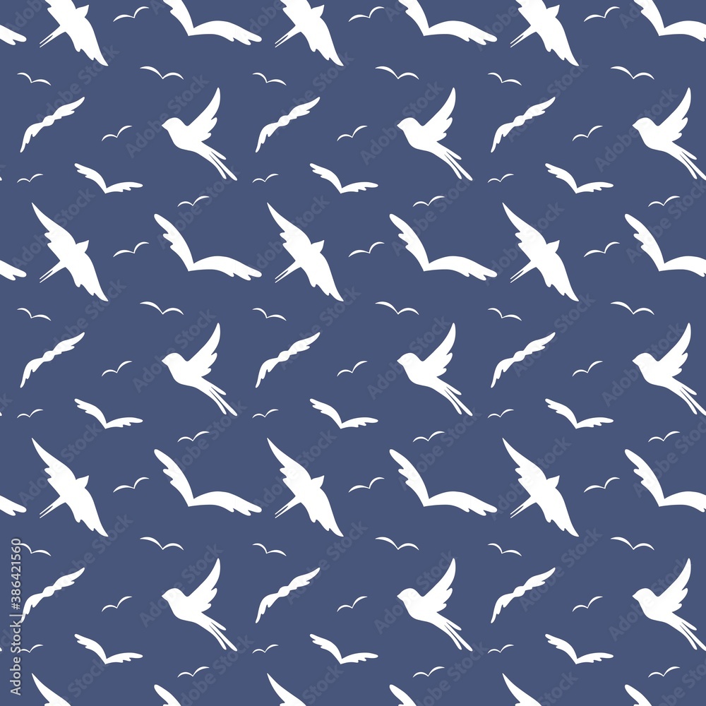 Vector seamless pattern. White doodle birds silhouettes. Isolated on blue background