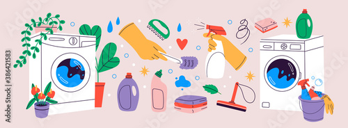 Set of various Hand drawn Washing Machines and Various Cleaning items. Laundry, Housework concept. Trendy Vector illustrations. Cartoon style. All elements are isolated