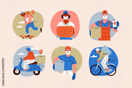 Delivery men wearing face Masks and holding a delivery boxes. Couriers with parcels riding various vehicles. Safe Delivery service concept. Big set of Hand drawn Vector illustrations. Round icons