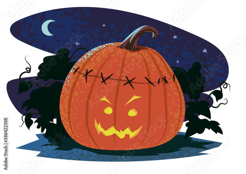 Halloween pumpkin lantern at night in front of vignetted background