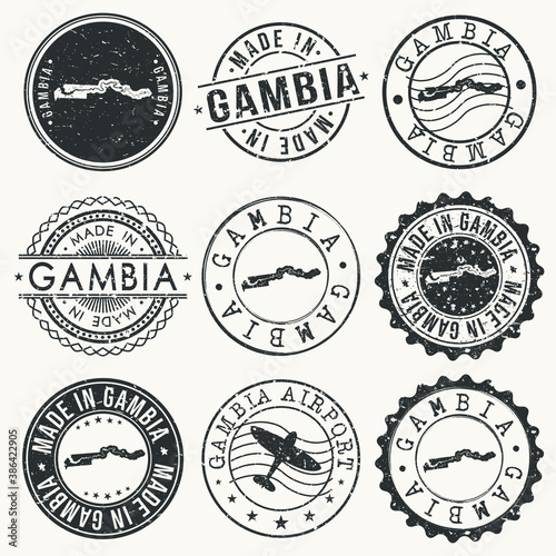 Gambia Set of Stamps. Travel Stamp. Made In Product. Design Seals Old Style Insignia.
