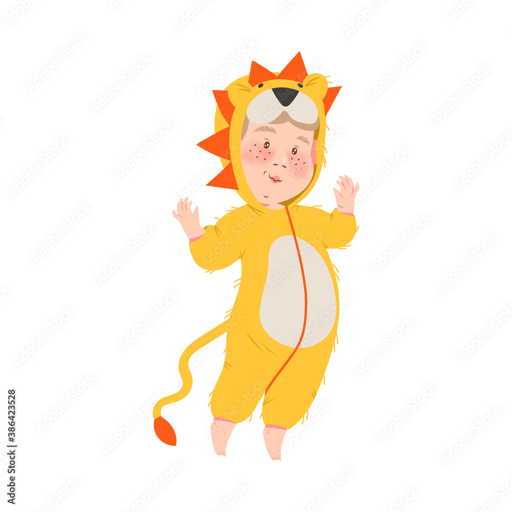 Cute Boy in Lion Costume, Happy Halloween Party Festival with Kid Trick or Treating Cartoon Vector Illustration