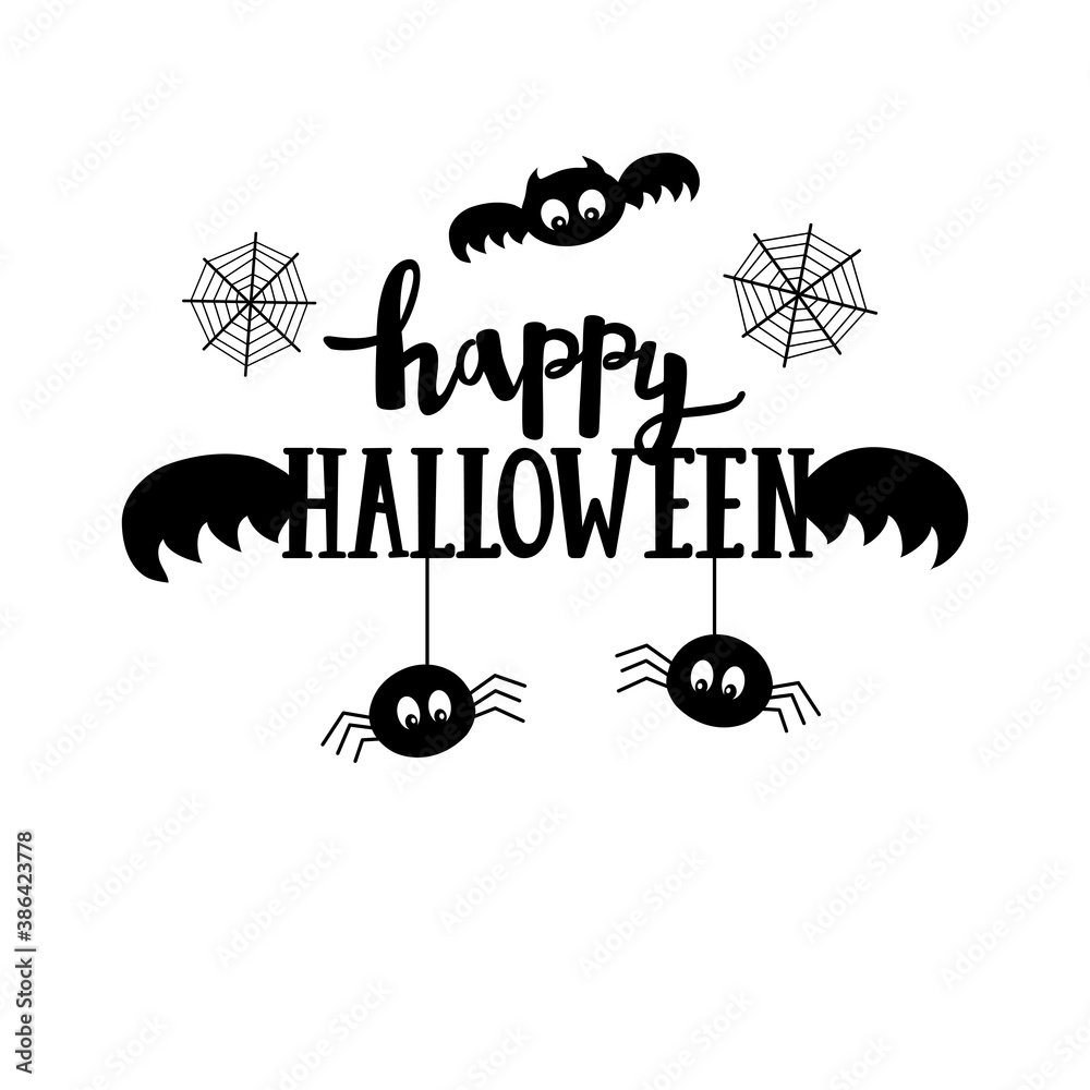 Fototapeta premium Happy Halloween lettering. The symbols of Halloween cast, spiderweb, spider and bat