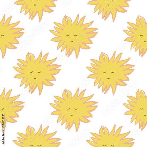 Cute kids seamless pattern with white sun faces ornament. White background.
