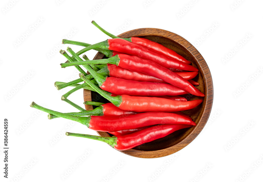red fresh chili pepper with wooden bowl isolated on white background red fresh chili pepper with wooden bowl isolated on white background