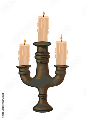 Antique candlestick with three candles. Brass candlestick. Isolated on white