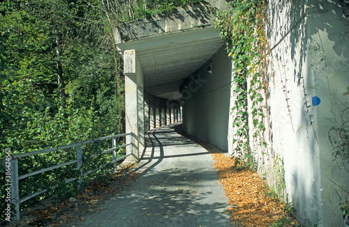 mountain road tunnel entrance. white concrete walls. pillars and arches. sunlight and shadows. trees and vegetation. steel safety barrier. photo