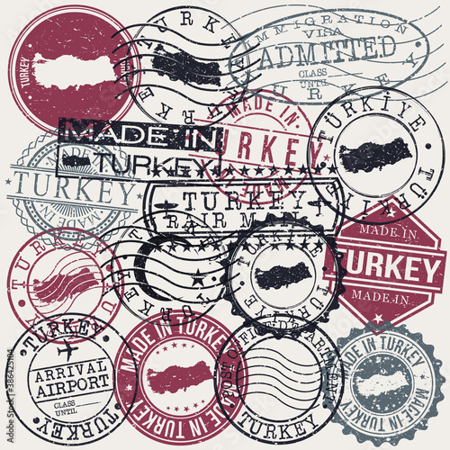 Turkey Set of Stamps. Travel Passport Stamp. Made In Product. Design Seals Old Style Insignia. Icon Clip Art Vector.