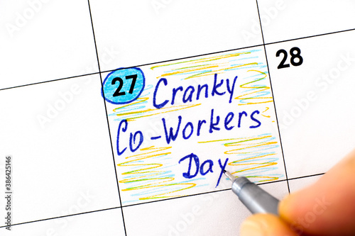 Εκτύπωση καμβά Woman fingers with pen writing reminder Cranky Co-Workers Day in calendar
