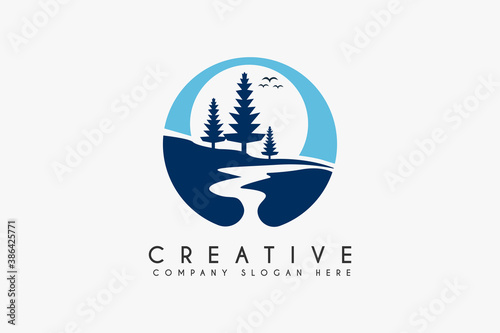 Landscape River Creek Logo Design, Vector Nature Brand Logo