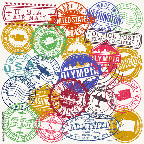 Olympia Washington Set of Stamps. Travel Stamp. Made In Product. Design Seals Old Style Insignia.