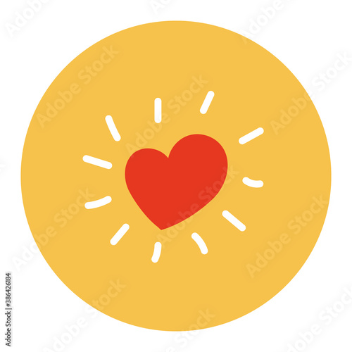 Hand-drawn vector illustration of a red heart with rays in an orange circle. Flat