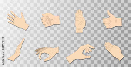 Hand gestures. Flat collections of arms showing different gestures.  Hand with counting gestures, forefinger sign. 