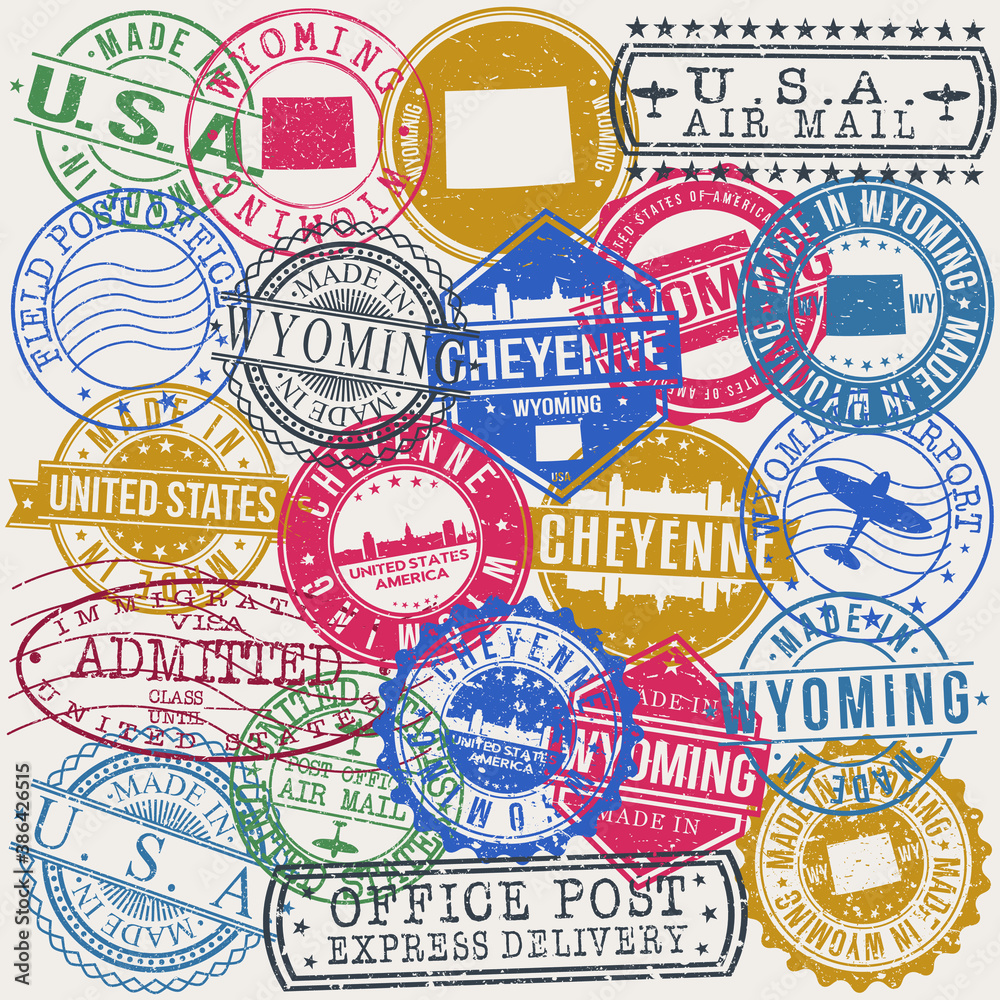 Cheyenne Wyoming Set of Stamps. Travel Stamp. Made In Product. Design Seals Old Style Insignia.